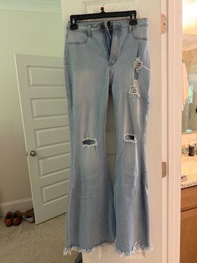 Light Wash Distressed Flare Jeans - Wide Leg